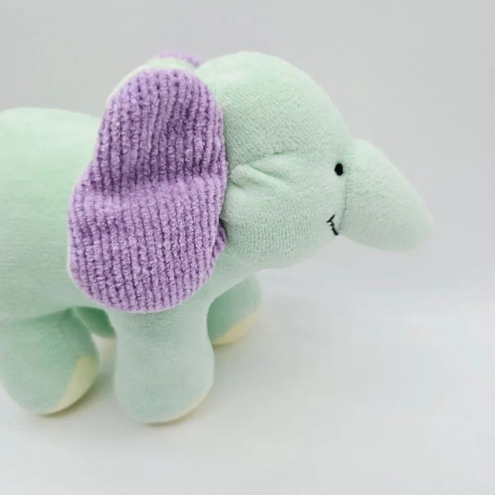 Oshkosh Vtg Green Elephant Baby Plush Toy Rattle Purple Crinkle Ears